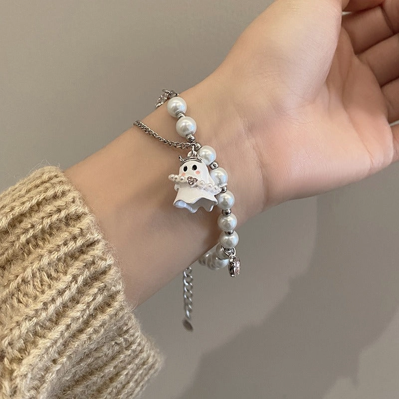 Wholesale Black and White Small Ghost Beaded Titanium Steel Bracelet