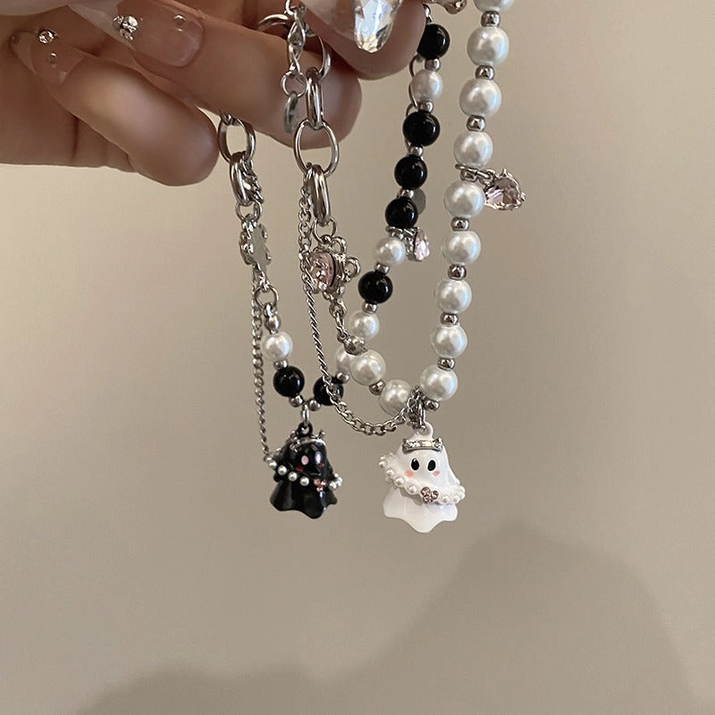 Wholesale Black and White Small Ghost Beaded Titanium Steel Bracelet