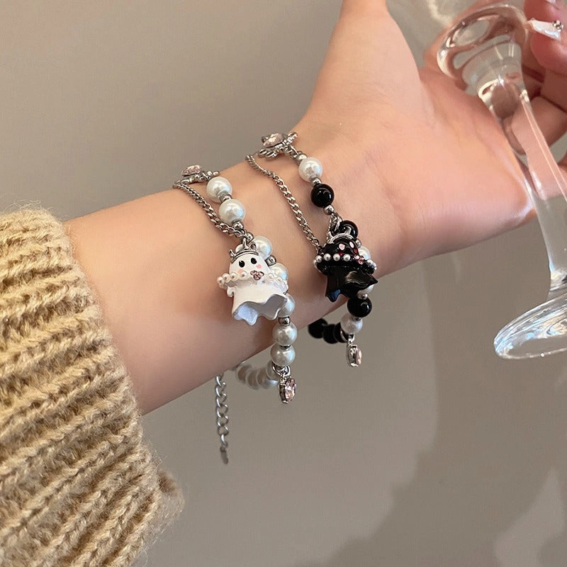 Wholesale Black and White Small Ghost Beaded Titanium Steel Bracelet