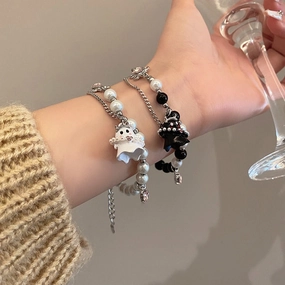 Wholesale Black and White Small Ghost Beaded Titanium Steel Bracelet