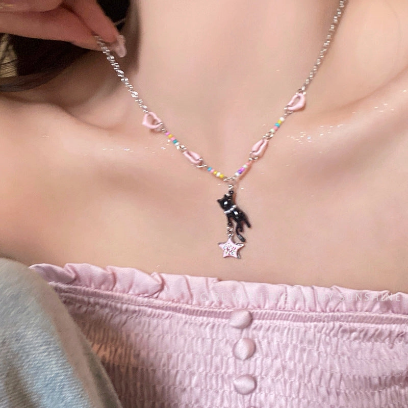 Wholesale Black Cat Pink Star Beaded Clavicle Necklace