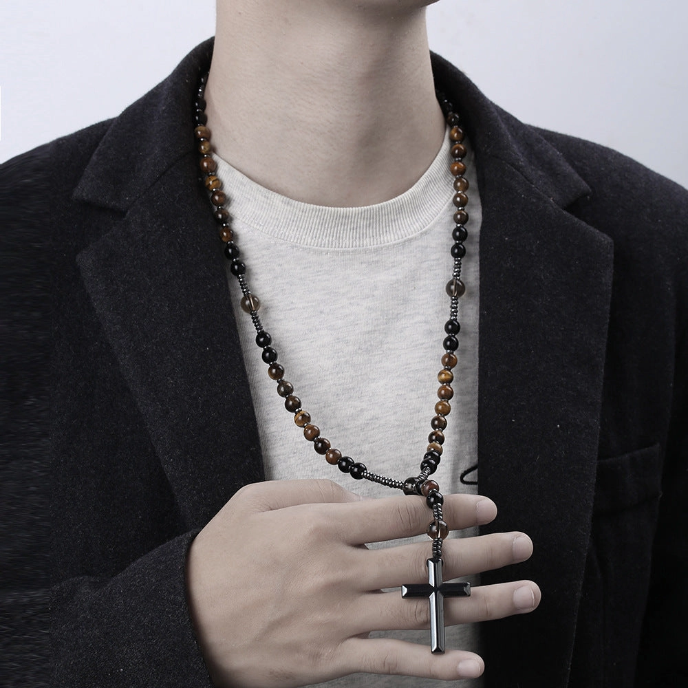 Wholesale Black gallstone yellow tiger eye iron stone cross necklace for men