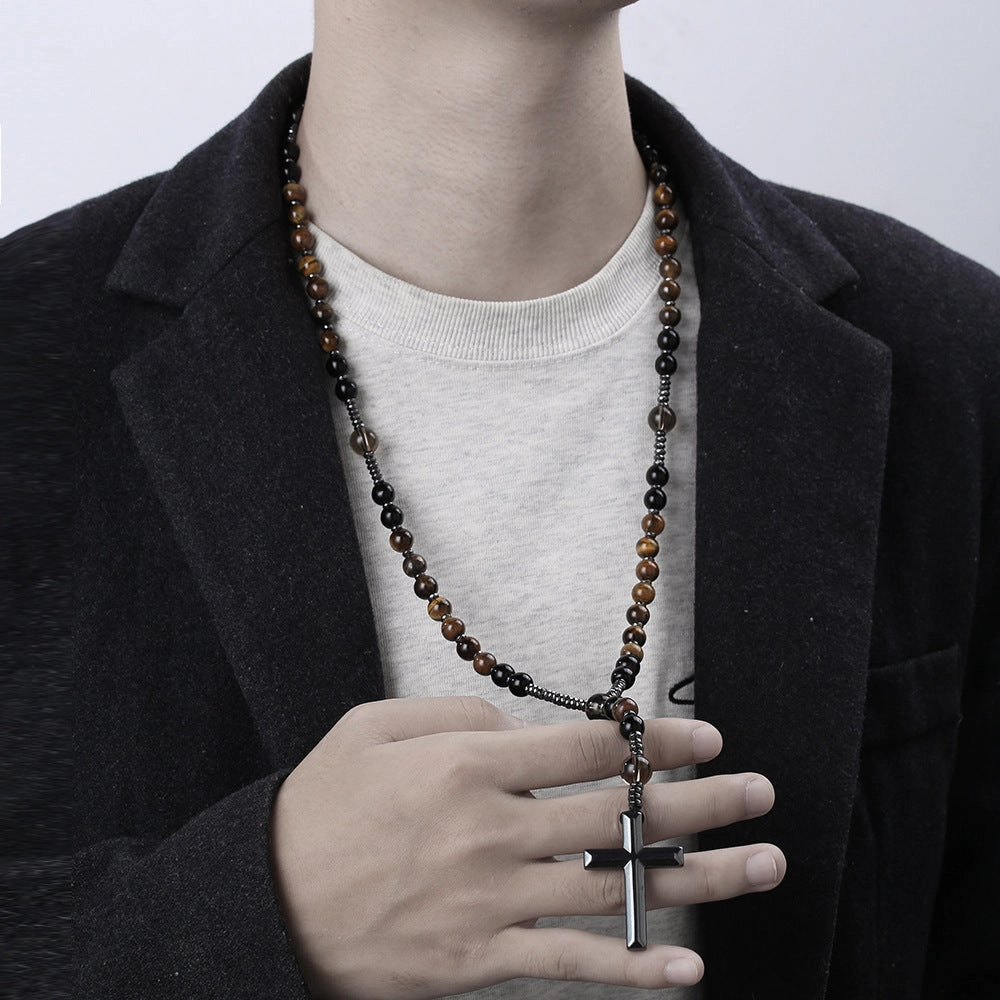 Wholesale Black gallstone yellow tiger eye iron stone cross necklace for men