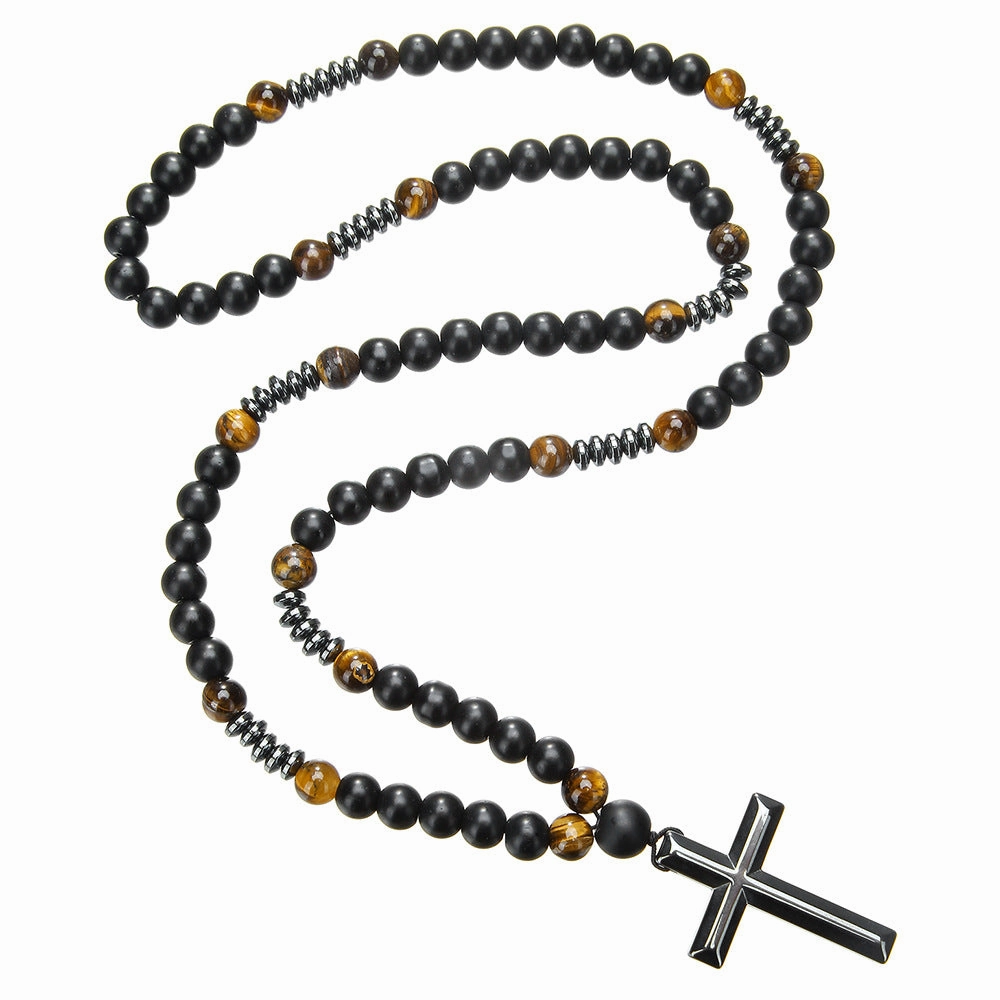 Wholesale Black gallstone yellow tiger eye iron stone cross necklace for men