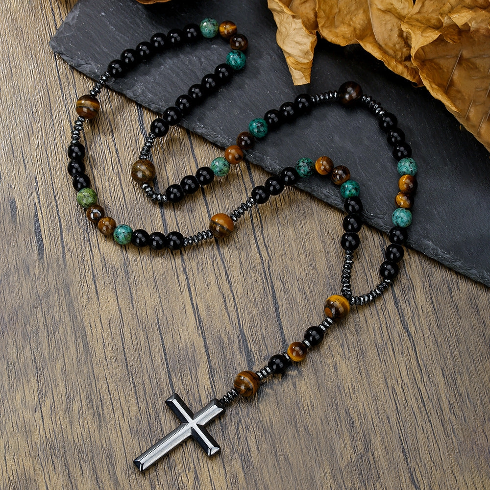 Wholesale Black gallstone yellow tiger eye iron stone cross necklace for men