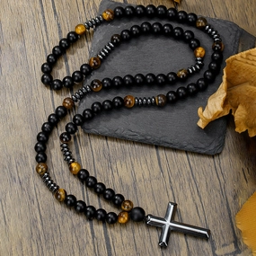 Wholesale Black gallstone yellow tiger eye iron stone cross necklace for men