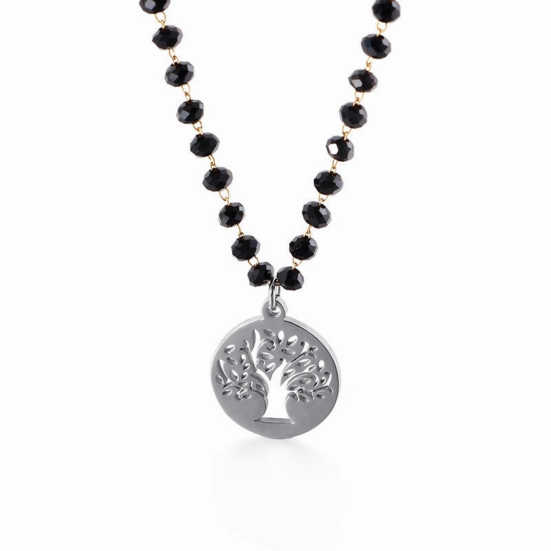 Wholesale Black Glass Beads Tree Of Life Titanium Steel Necklaces