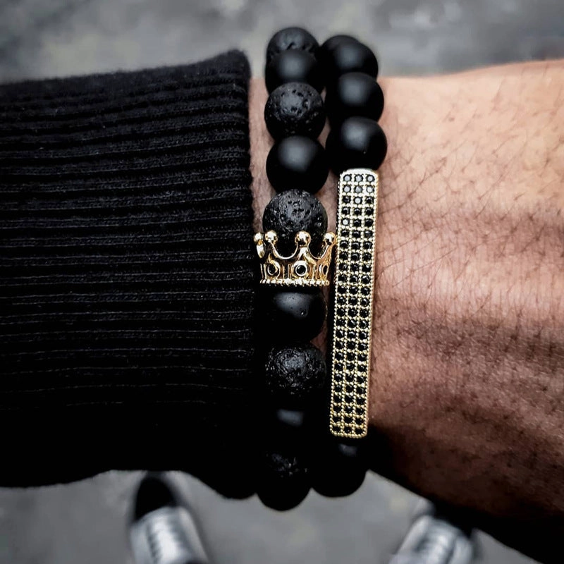 Wholesale Black Matte Stone Lava Stone Zircon Crown Bracelet
