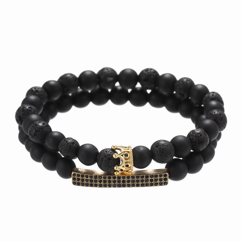 Wholesale Black Matte Stone Lava Stone Zircon Crown Bracelet