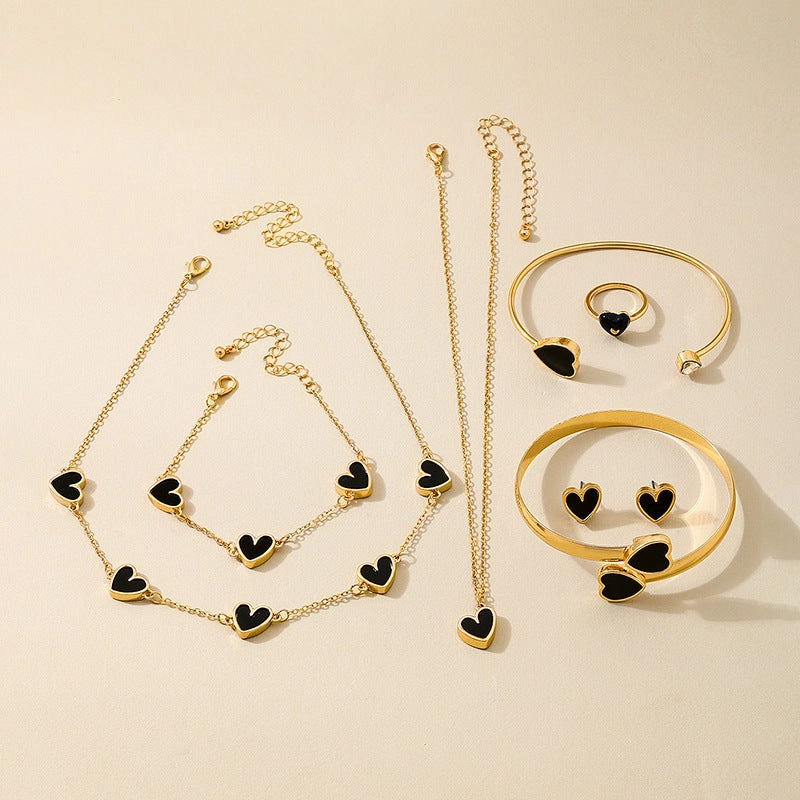 Wholesale Black Peach Heart Women Necklace Earrings Bracelet Ring Jewelry suit