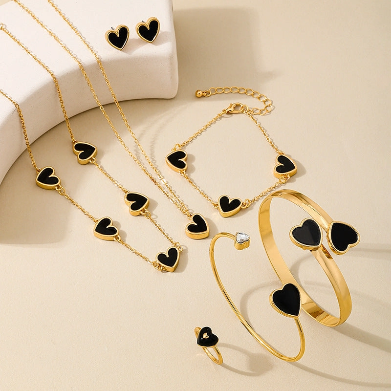 Wholesale Black Peach Heart Women Necklace Earrings Bracelet Ring Jewelry suit