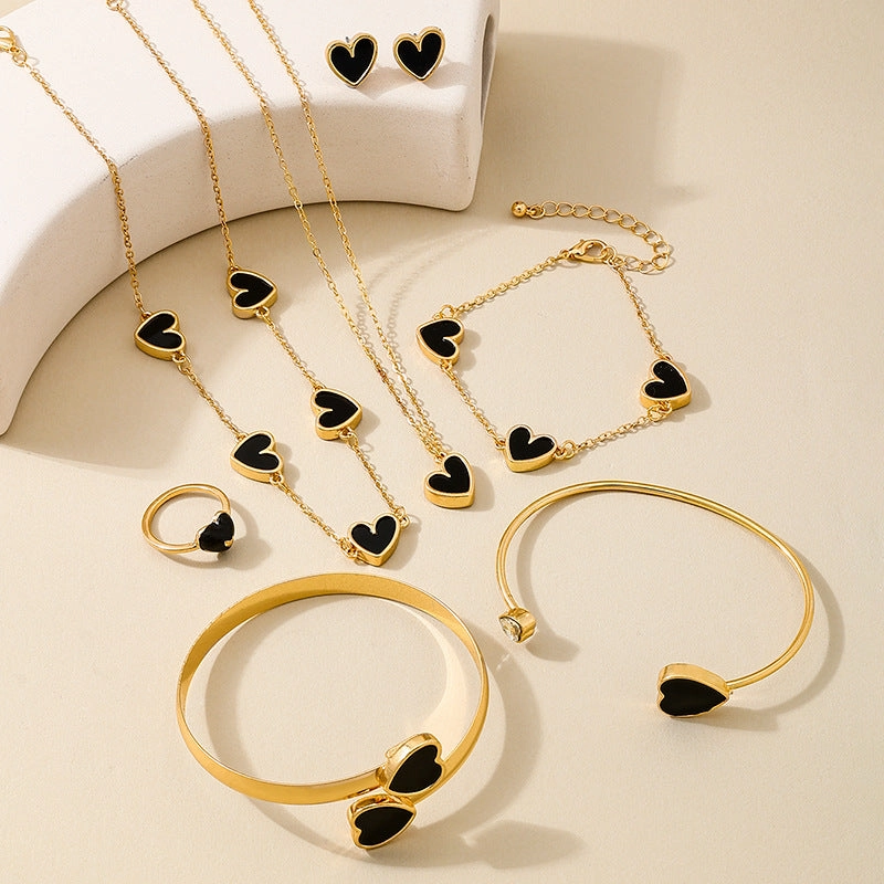 Wholesale Black Peach Heart Women Necklace Earrings Bracelet Ring Jewelry suit
