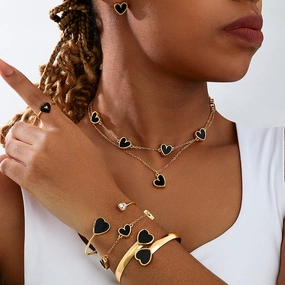Wholesale Black Peach Heart Women Necklace Earrings Bracelet Ring Jewelry suit