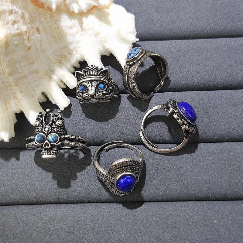 Wholesale Blue Crystal Cat Skull Adjustable Finger Ring