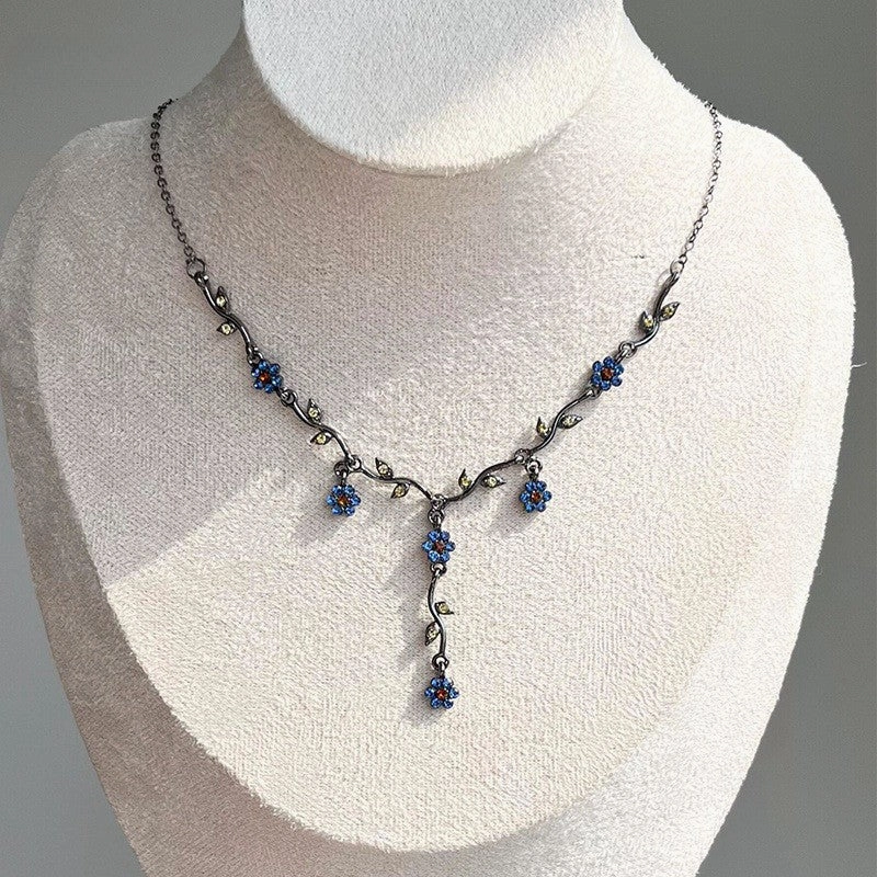 Wholesale Blue plum blossom glaze necklace French retro clavicle chain