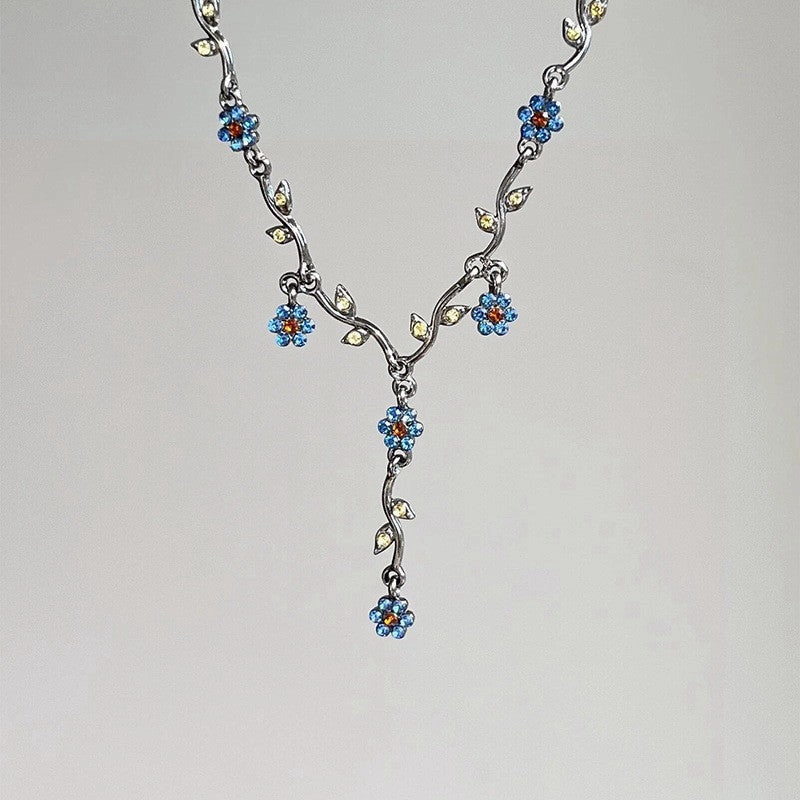 Wholesale Blue plum blossom glaze necklace French retro clavicle chain