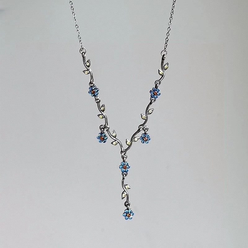 Wholesale Blue plum blossom glaze necklace French retro clavicle chain