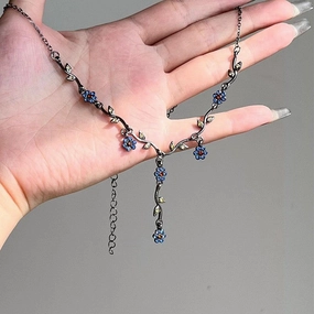 Wholesale Blue plum blossom glaze necklace French retro clavicle chain