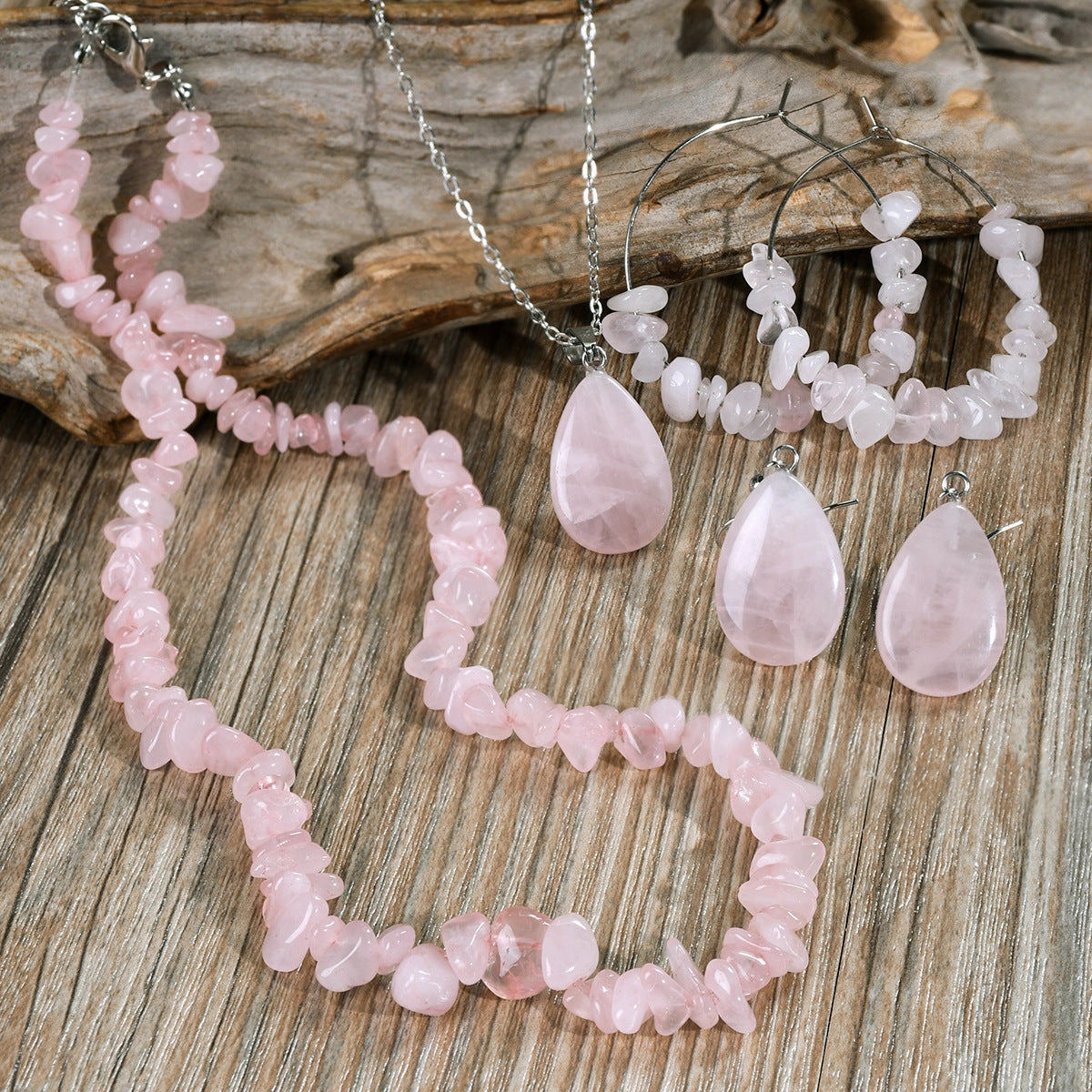 Wholesale Bohemian 4 Piece Set Water Drop Natural Stone Necklace Earrings Amethyst Tiger Eye Stone Gravel Jewelry suit