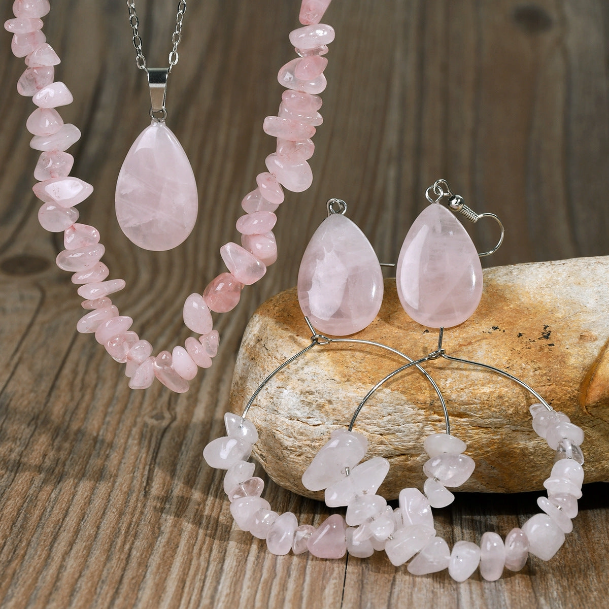 Wholesale Bohemian 4 Piece Set Water Drop Natural Stone Necklace Earrings Amethyst Tiger Eye Stone Gravel Jewelry suit