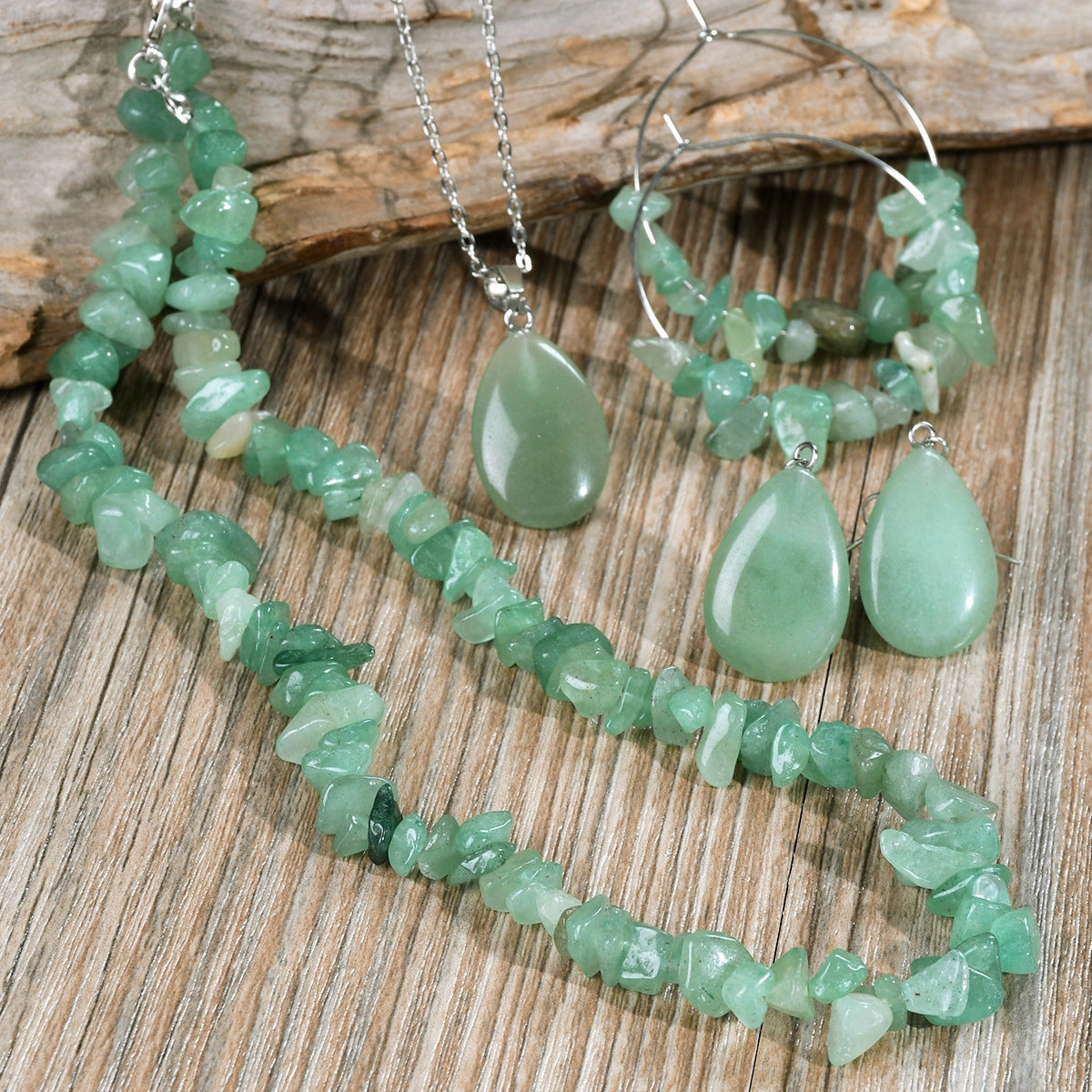 Wholesale Bohemian 4 Piece Set Water Drop Natural Stone Necklace Earrings Amethyst Tiger Eye Stone Gravel Jewelry suit