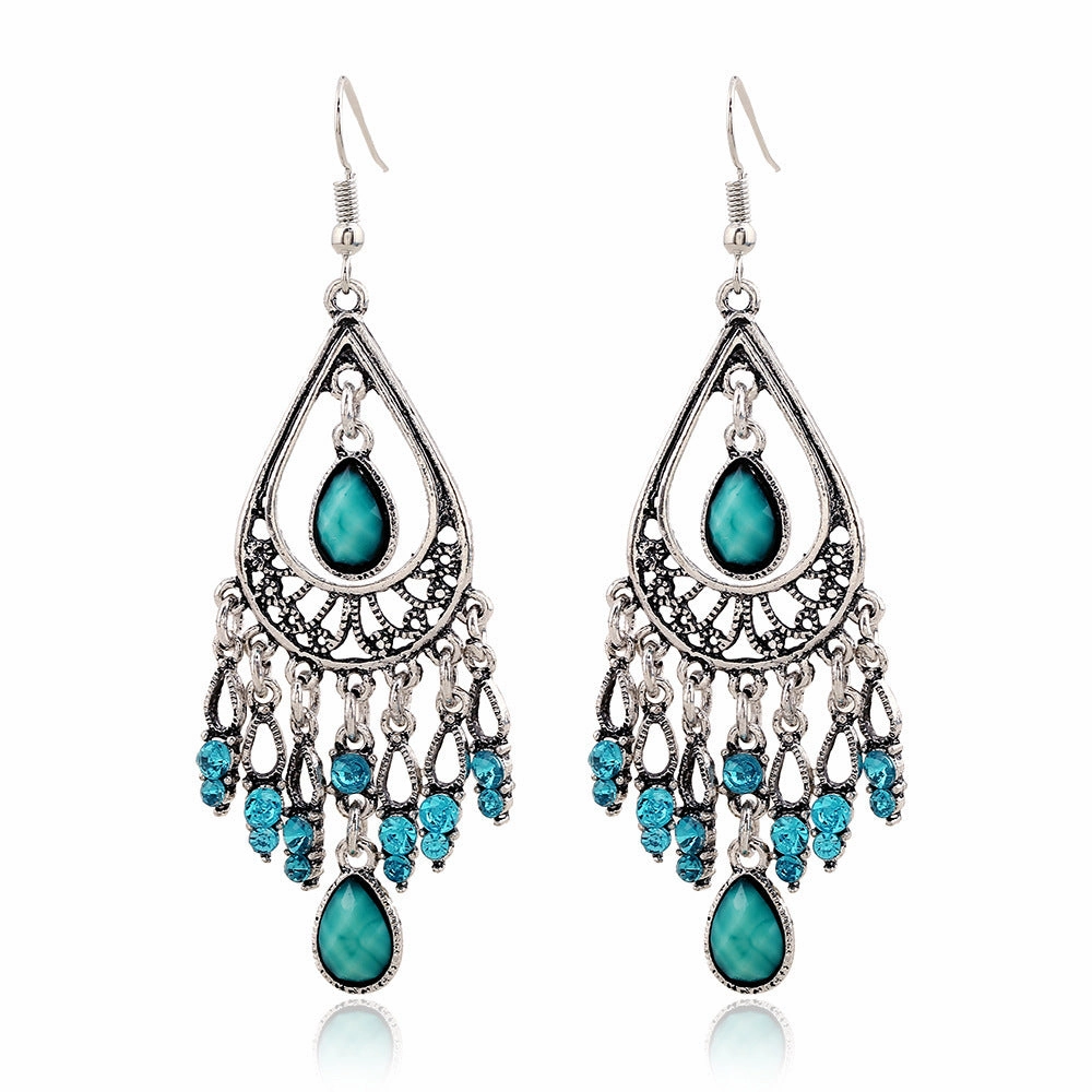 Wholesale Bohemian Alloy Diamond Hollow Water Drop Tassel Earrings