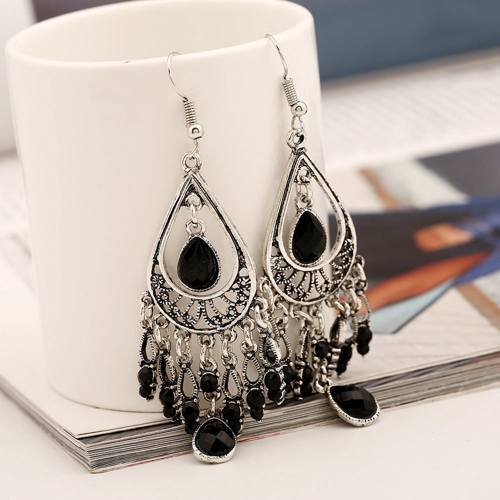 Wholesale Bohemian Alloy Diamond Hollow Water Drop Tassel Earrings
