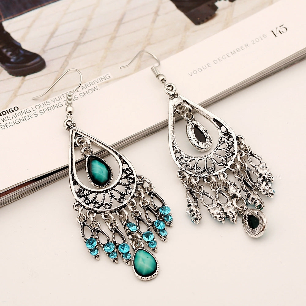 Wholesale Bohemian Alloy Diamond Hollow Water Drop Tassel Earrings