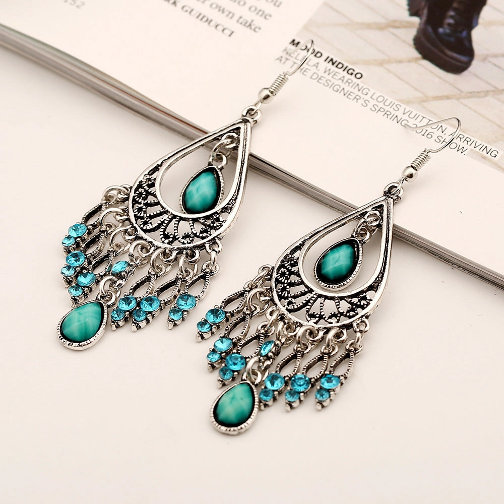 Wholesale Bohemian Alloy Diamond Hollow Water Drop Tassel Earrings