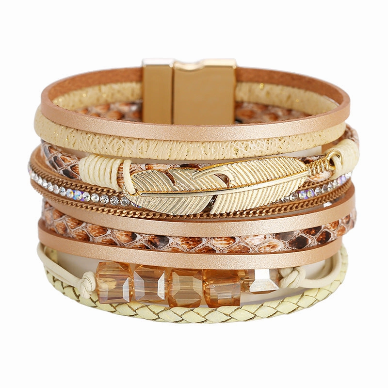 Wholesale Bohemian Crystal Feather Leather Bracelet