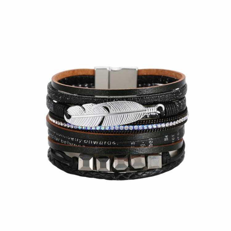 Wholesale Bohemian Crystal Feather Leather Bracelet