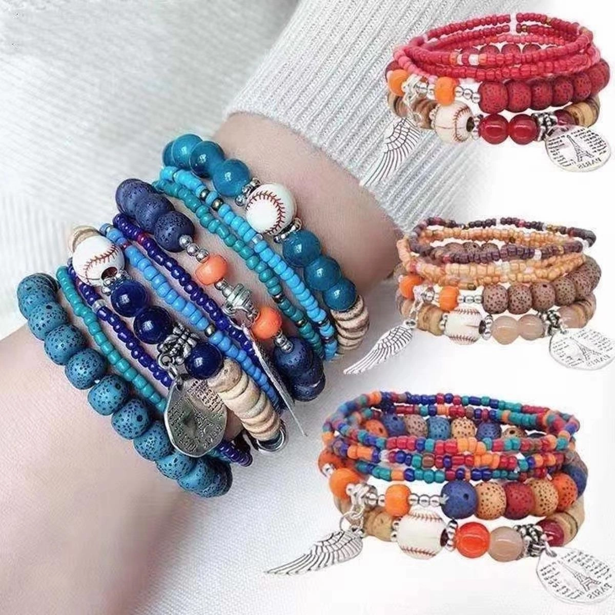 Wholesale Bohemian Ethnic Style Angel Wings Letter Alloy Pendant Beaded Bracelet Five-piece Set