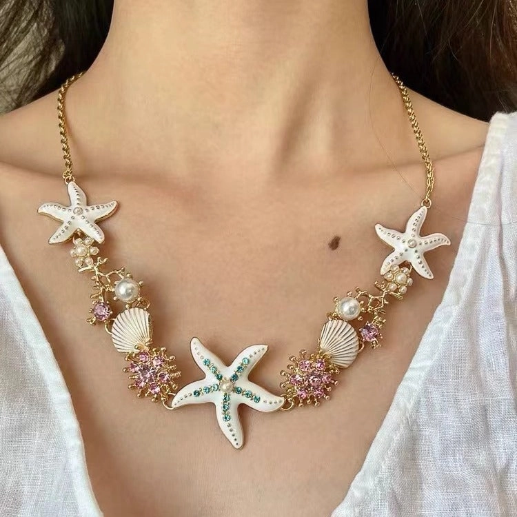 Wholesale Bohemian exaggerated color starfish shell pearl necklace clavicle chain
