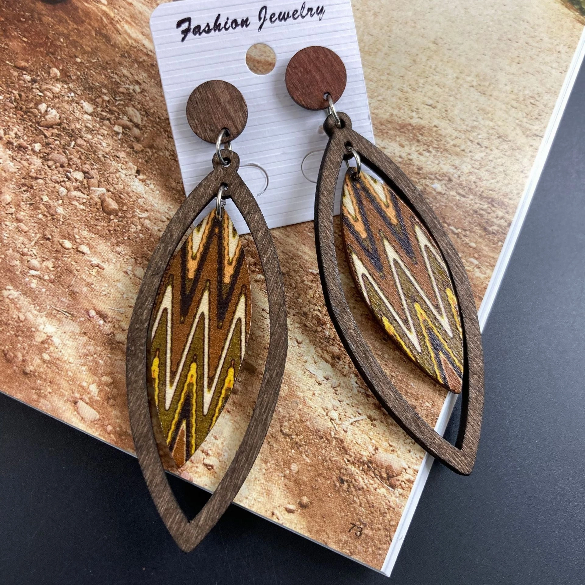 Wholesale Bohemian Exaggerated Wooden Leaves Geometric Retro Earrings
