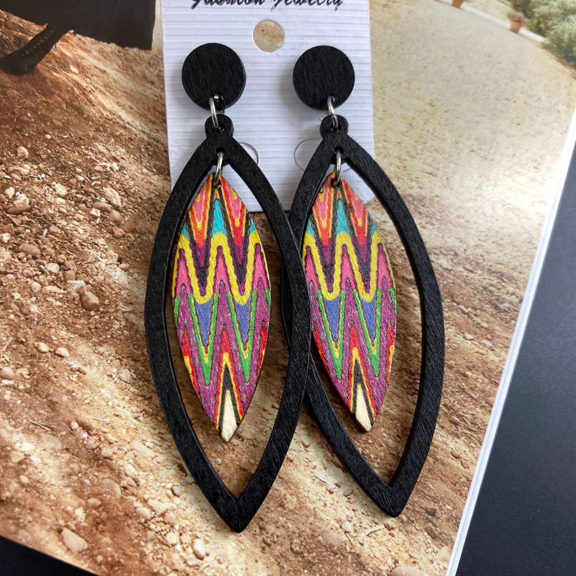 Wholesale Bohemian Exaggerated Wooden Leaves Geometric Retro Earrings