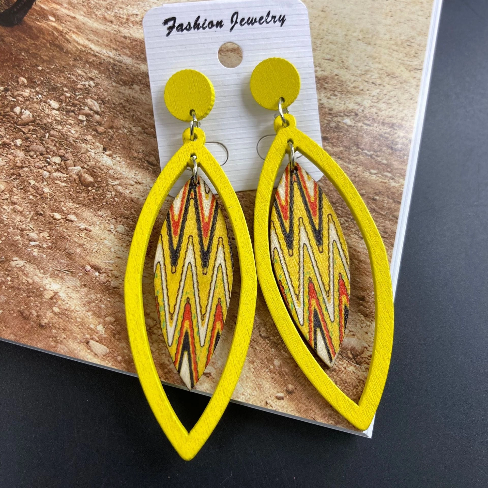 Wholesale Bohemian Exaggerated Wooden Leaves Geometric Retro Earrings
