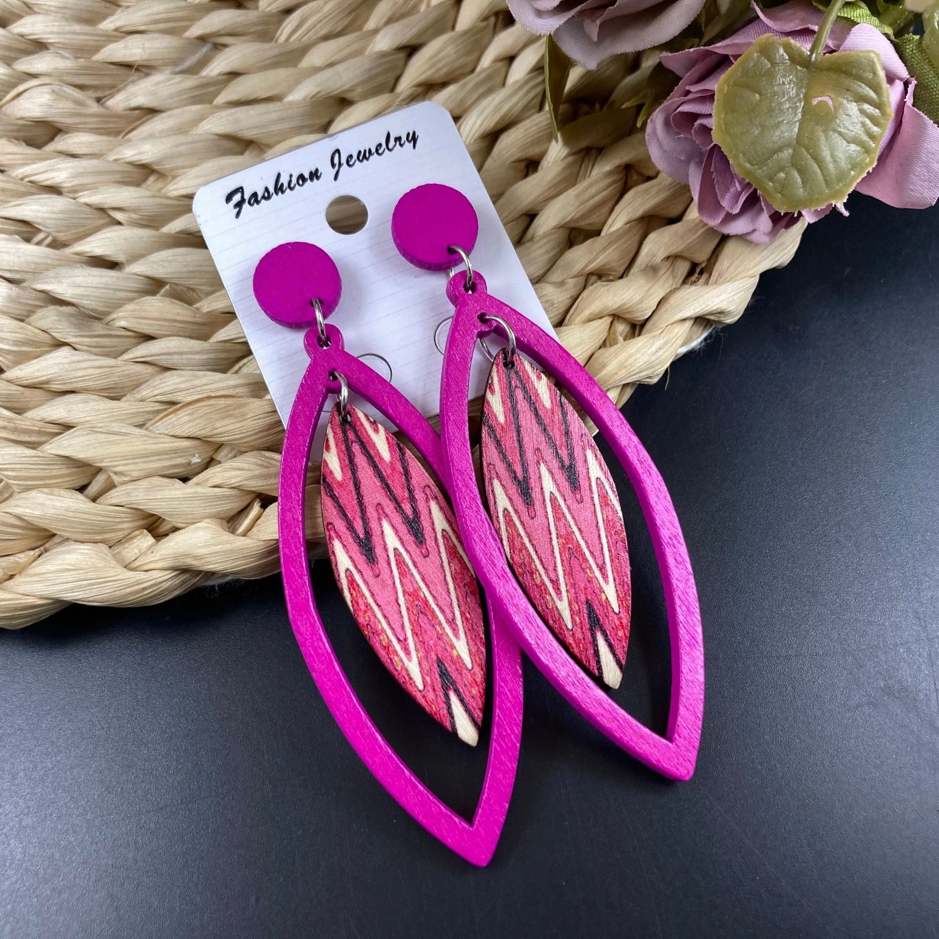 Wholesale Bohemian Exaggerated Wooden Leaves Geometric Retro Earrings