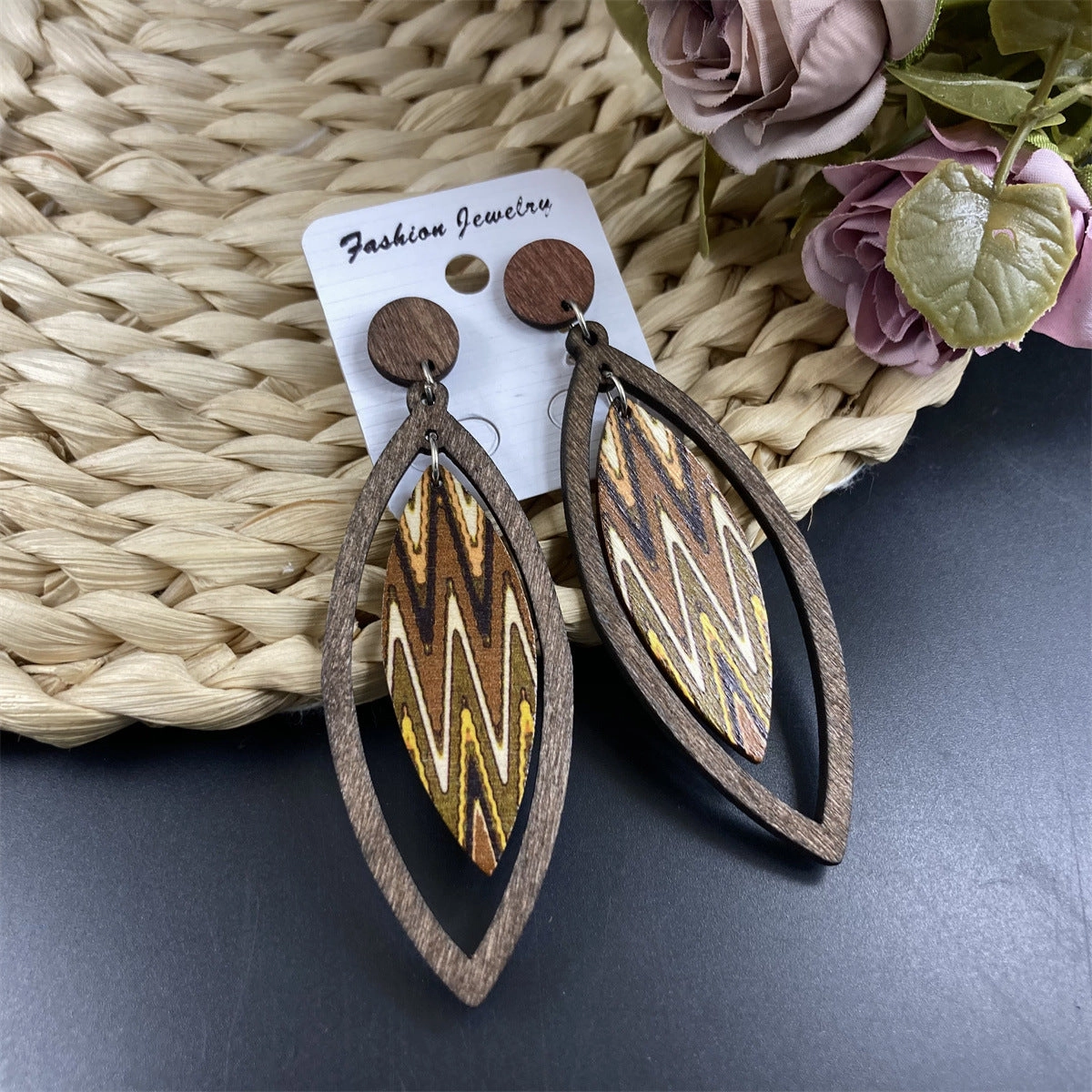 Wholesale Bohemian Exaggerated Wooden Leaves Geometric Retro Earrings