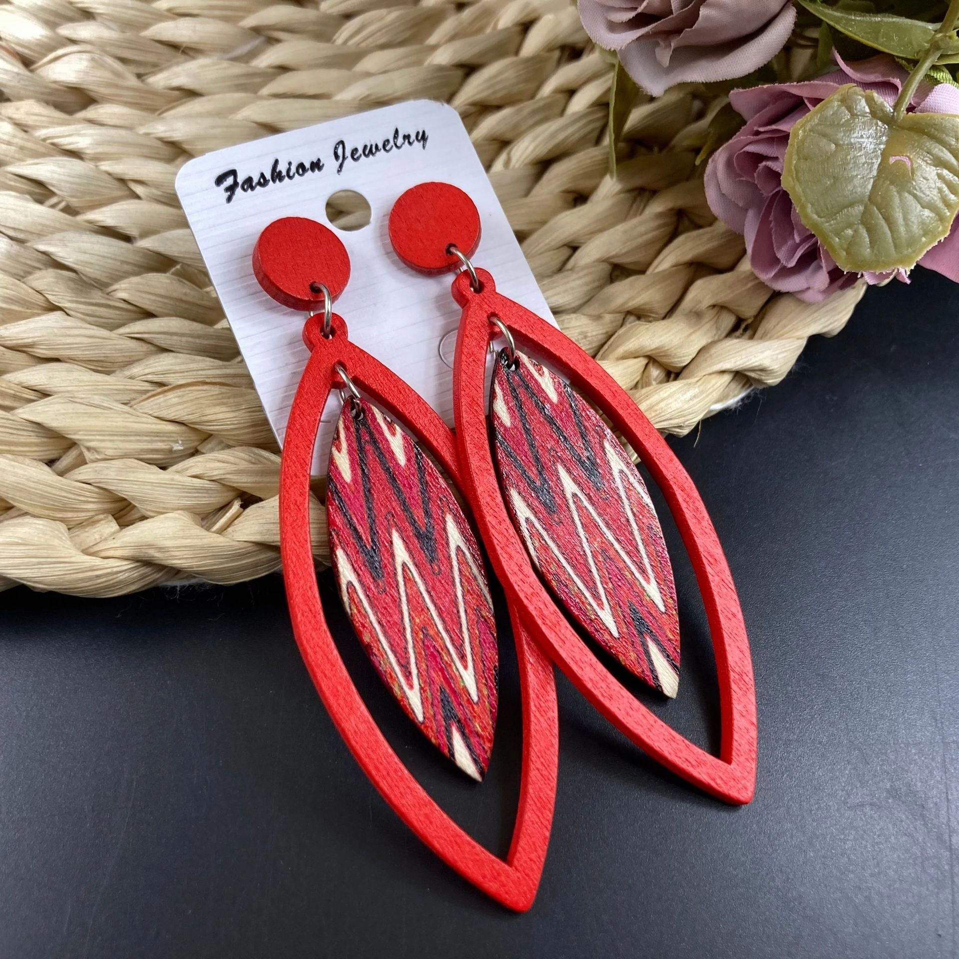 Wholesale Bohemian Exaggerated Wooden Leaves Geometric Retro Earrings
