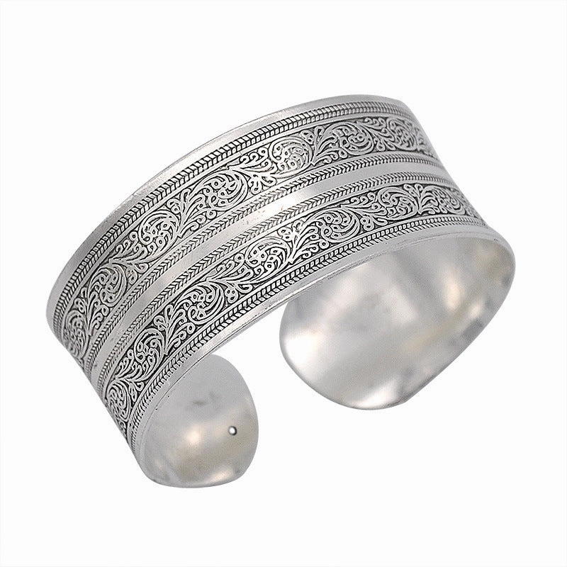 Wholesale  Bohemian Flower Teng Ancient Miao Silver Bracele Retro Wide Tibetan Silver Bracelet