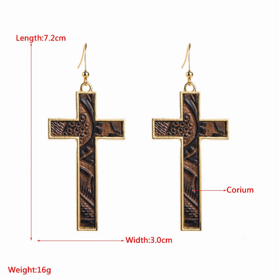 Wholesale Bohemian Gold Plated Leopard Leather Cross Earrings