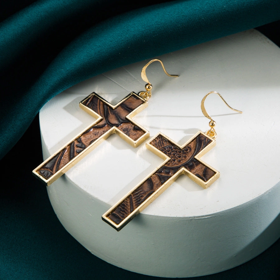 Wholesale Bohemian Gold Plated Leopard Leather Cross Earrings