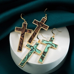 Wholesale Bohemian Gold Plated Leopard Leather Cross Earrings