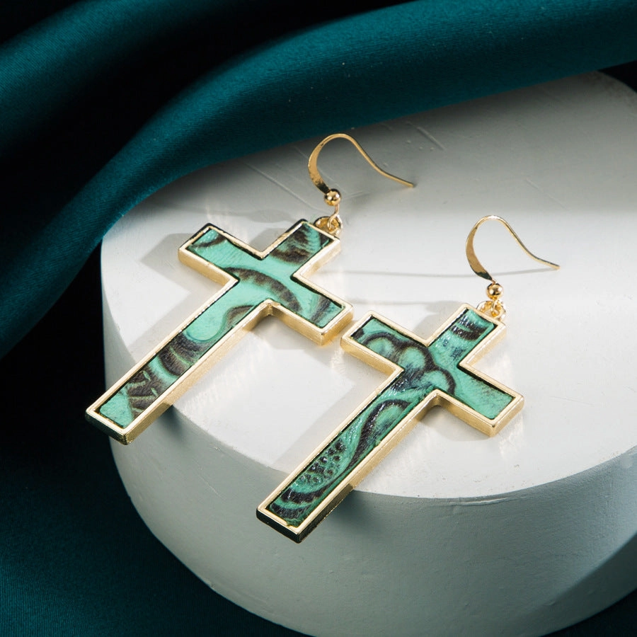 Wholesale Bohemian Gold Plated Leopard Leather Cross Earrings