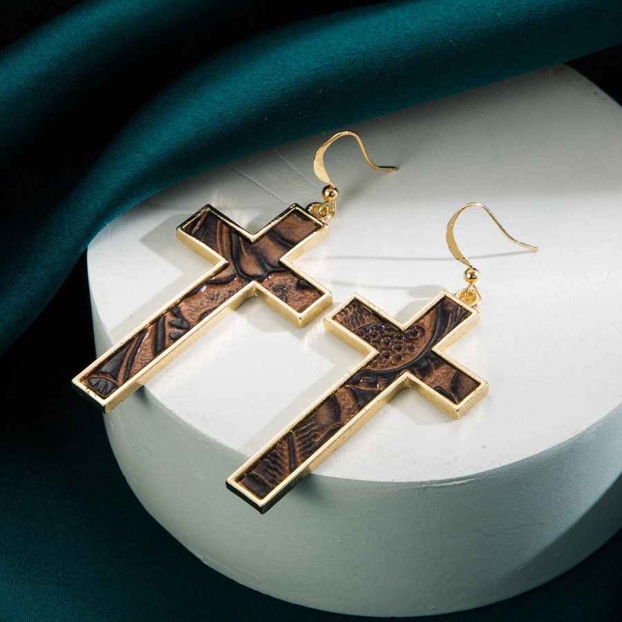 Wholesale Bohemian Gold Plated Leopard Leather Cross Earrings
