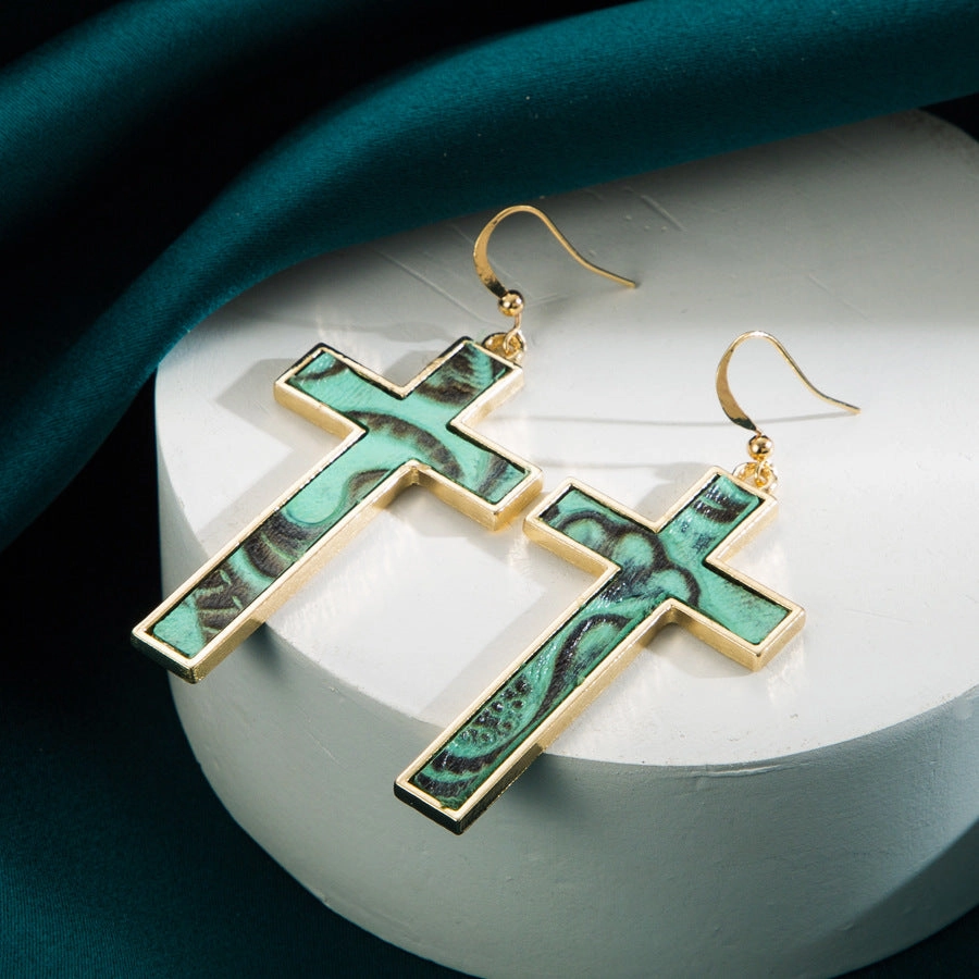 Wholesale Bohemian Gold Plated Leopard Leather Cross Earrings