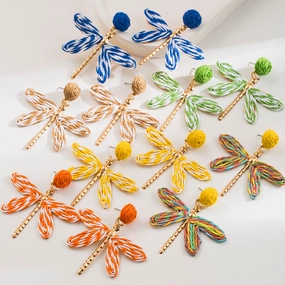 Wholesale Bohemian Holiday Style Hand-woven Raffia Dragonfly Earrings