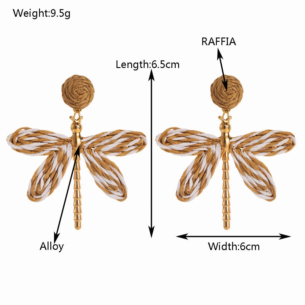 Wholesale Bohemian Holiday Style Hand-woven Raffia Dragonfly Earrings