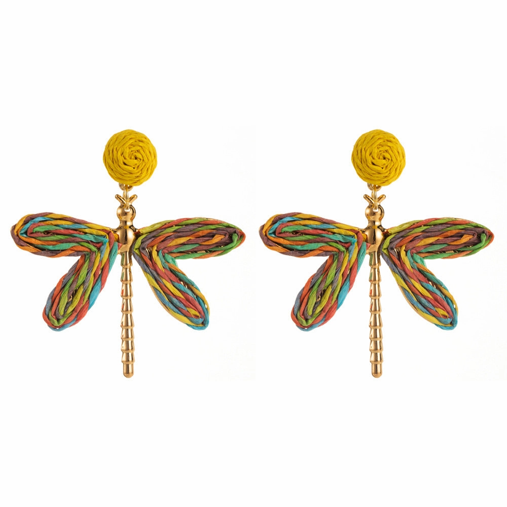 Wholesale Bohemian Holiday Style Hand-woven Raffia Dragonfly Earrings