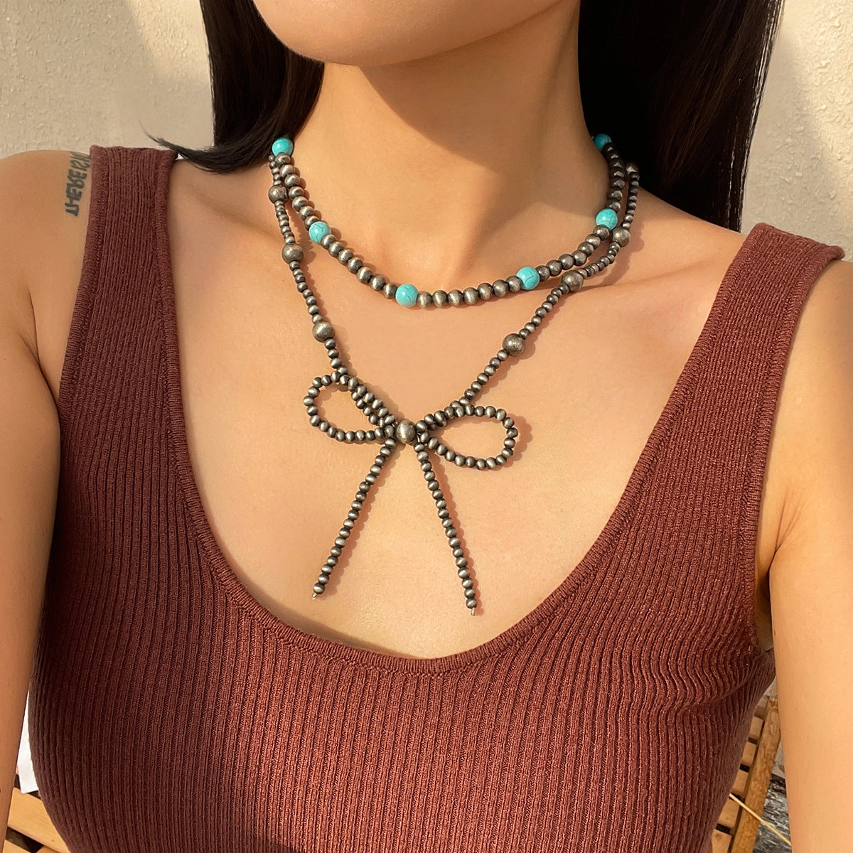 Wholesale Bohemian Layered Turquoise Bow Handmade Necklace